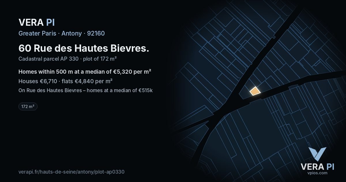 60 Rue des Hautes Bievres, Antony at night – the plot lit, the parcels around coloured by the prices near them