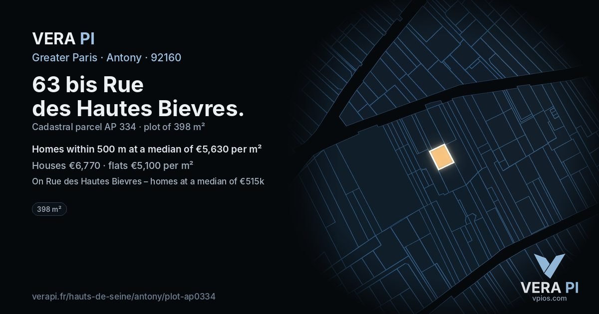 63 bis Rue des Hautes Bievres, Antony at night – the plot lit, the parcels around coloured by the prices near them