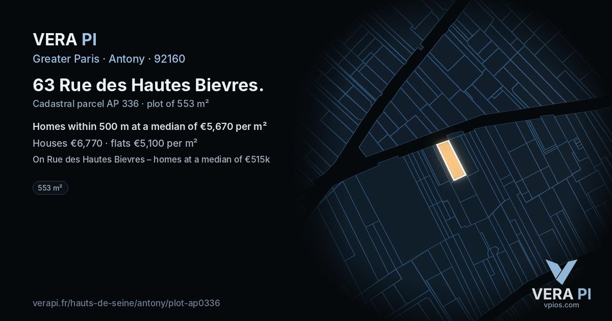 63 Rue des Hautes Bievres, Antony at night – the plot lit, the parcels around coloured by the prices near them