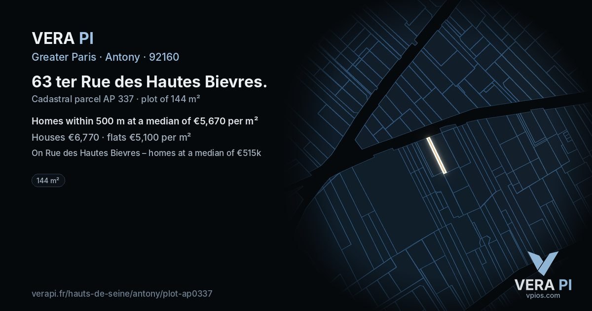 63 ter Rue des Hautes Bievres, Antony at night – the plot lit, the parcels around coloured by the prices near them
