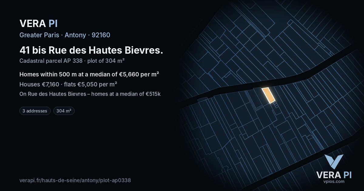41 bis Rue des Hautes Bievres, Antony at night – the plot lit, the parcels around coloured by the prices near them