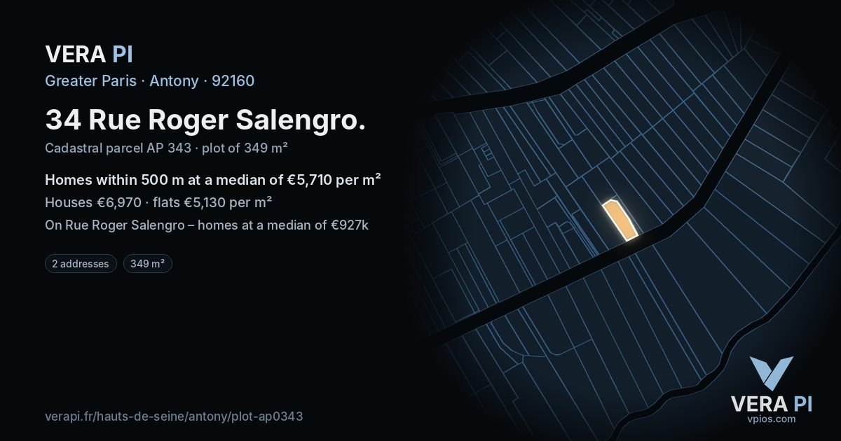 34 Rue Roger Salengro, Antony at night – the plot lit, the parcels around coloured by the prices near them