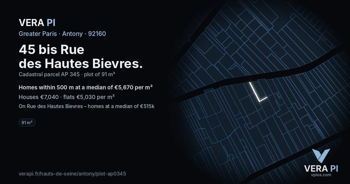 45 bis Rue des Hautes Bievres, Antony at night – the plot lit, the parcels around coloured by the prices near them