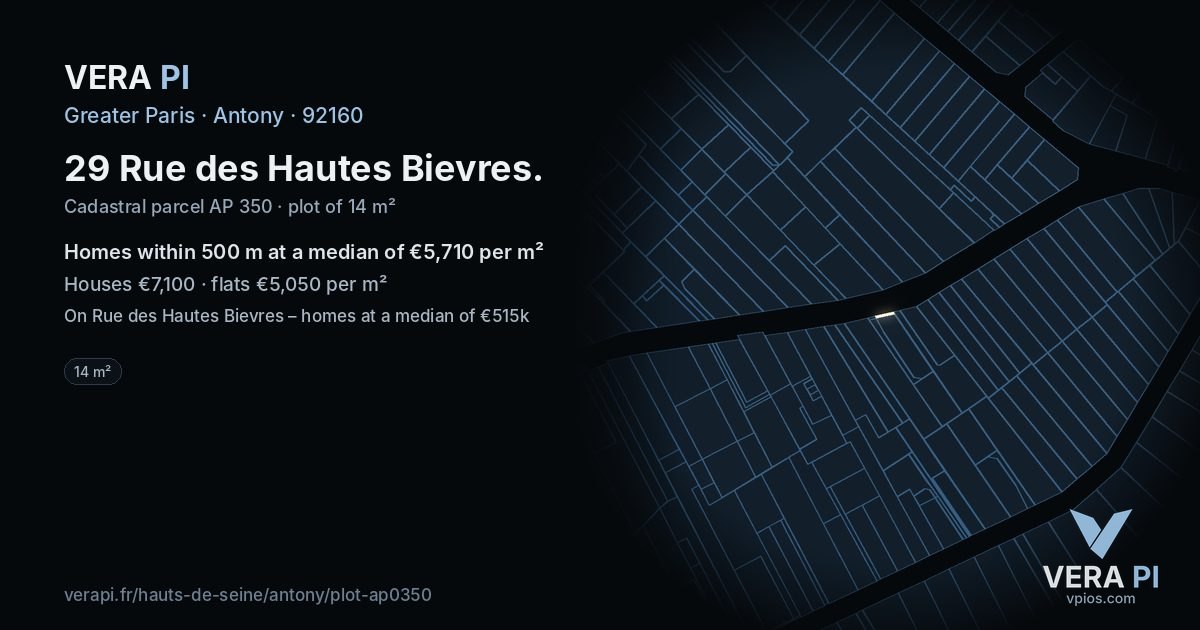 29 Rue des Hautes Bievres, Antony at night – the plot lit, the parcels around coloured by the prices near them