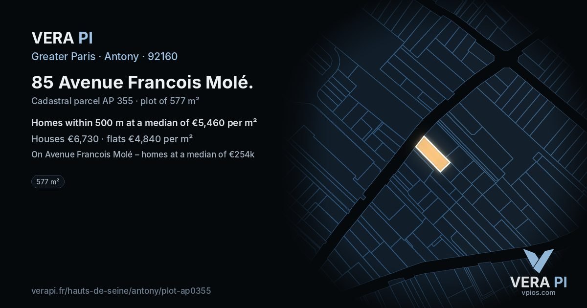 85 Avenue Francois Molé, Antony at night – the plot lit, the parcels around coloured by the prices near them