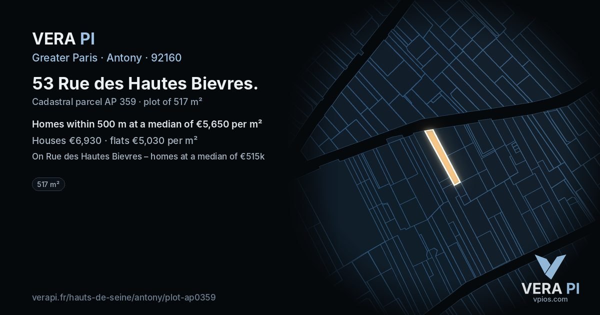 53 Rue des Hautes Bievres, Antony at night – the plot lit, the parcels around coloured by the prices near them