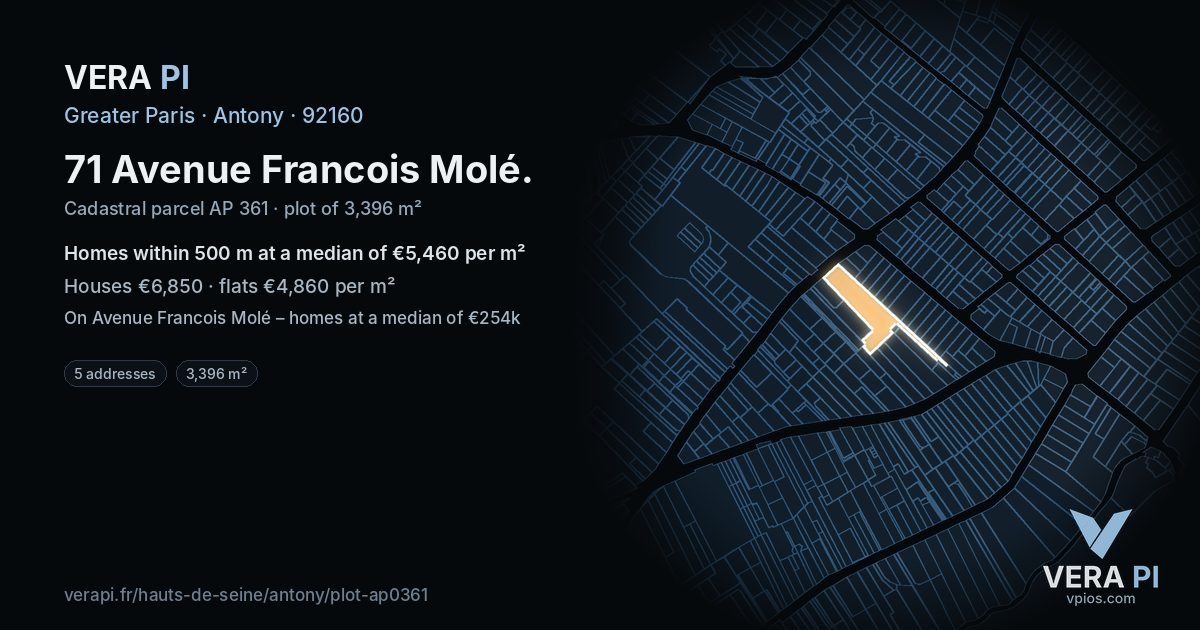 71 Avenue Francois Molé, Antony at night – the plot lit, the parcels around coloured by the prices near them