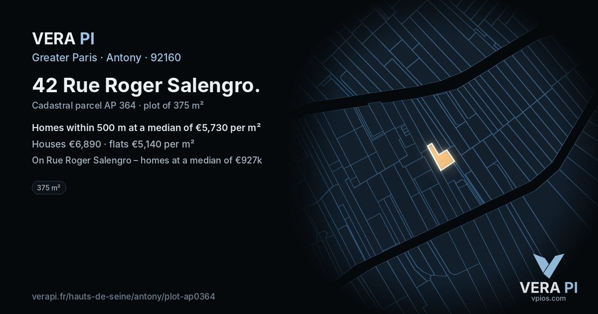 42 Rue Roger Salengro, Antony at night – the plot lit, the parcels around coloured by the prices near them