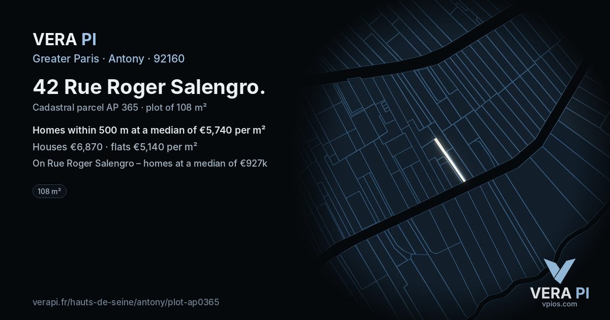 42 Rue Roger Salengro, Antony at night – the plot lit, the parcels around coloured by the prices near them