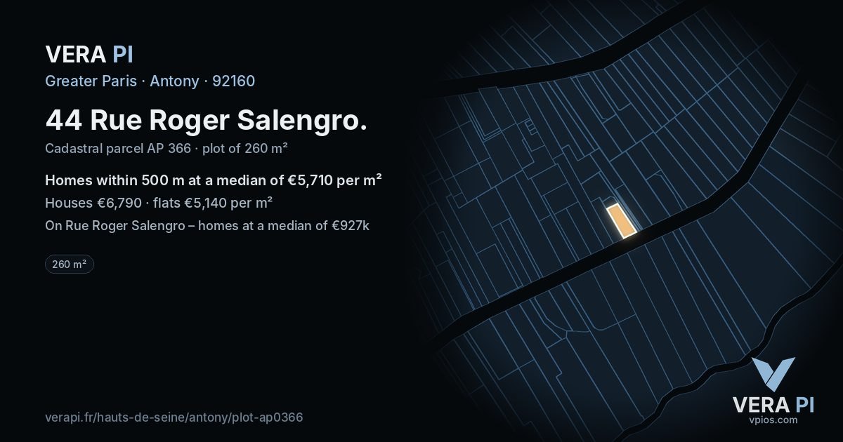 44 Rue Roger Salengro, Antony at night – the plot lit, the parcels around coloured by the prices near them