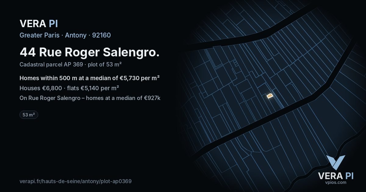 44 Rue Roger Salengro, Antony at night – the plot lit, the parcels around coloured by the prices near them