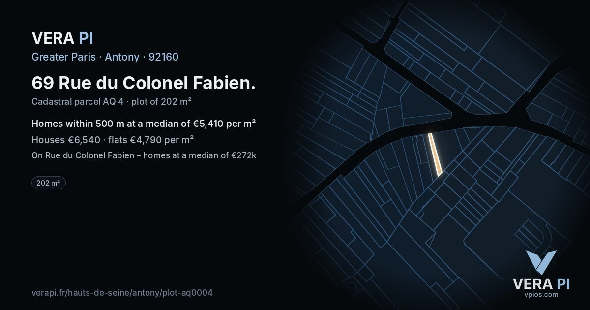 69 Rue du Colonel Fabien, Antony at night – the plot lit, the parcels around coloured by the prices near them