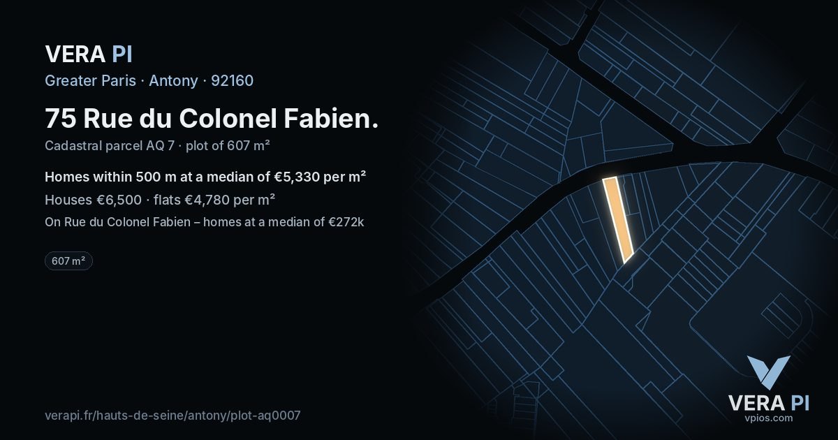 75 Rue du Colonel Fabien, Antony at night – the plot lit, the parcels around coloured by the prices near them