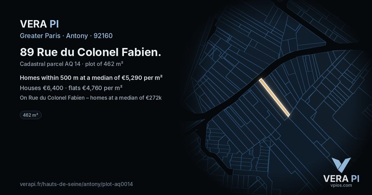 89 Rue du Colonel Fabien, Antony at night – the plot lit, the parcels around coloured by the prices near them