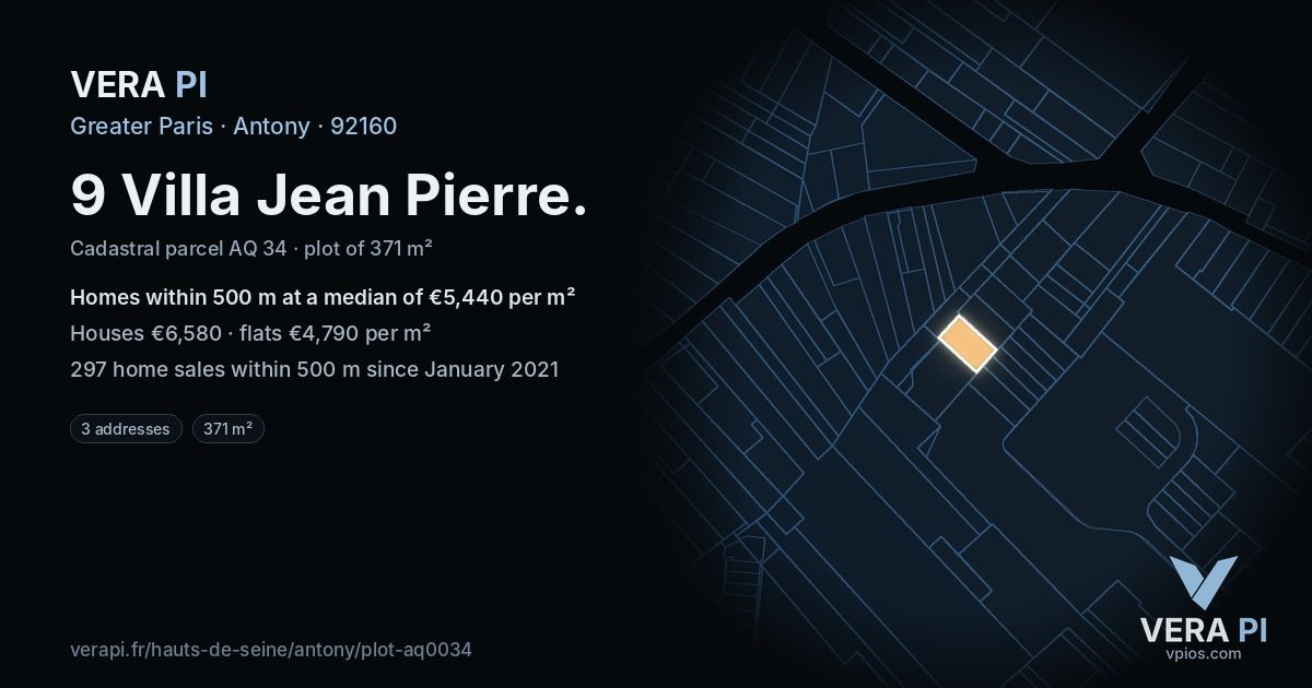 9 Villa Jean Pierre, Antony at night – the plot lit, the parcels around coloured by the prices near them