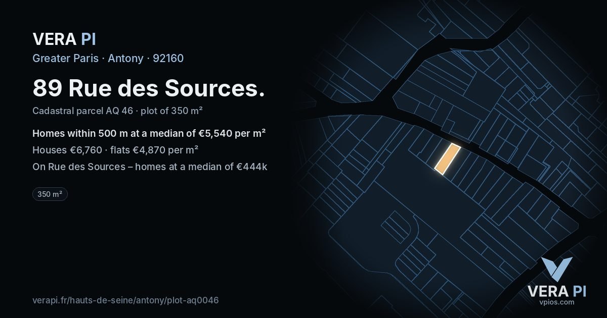 89 Rue des Sources, Antony at night – the plot lit, the parcels around coloured by the prices near them