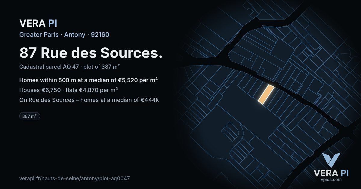 87 Rue des Sources, Antony at night – the plot lit, the parcels around coloured by the prices near them