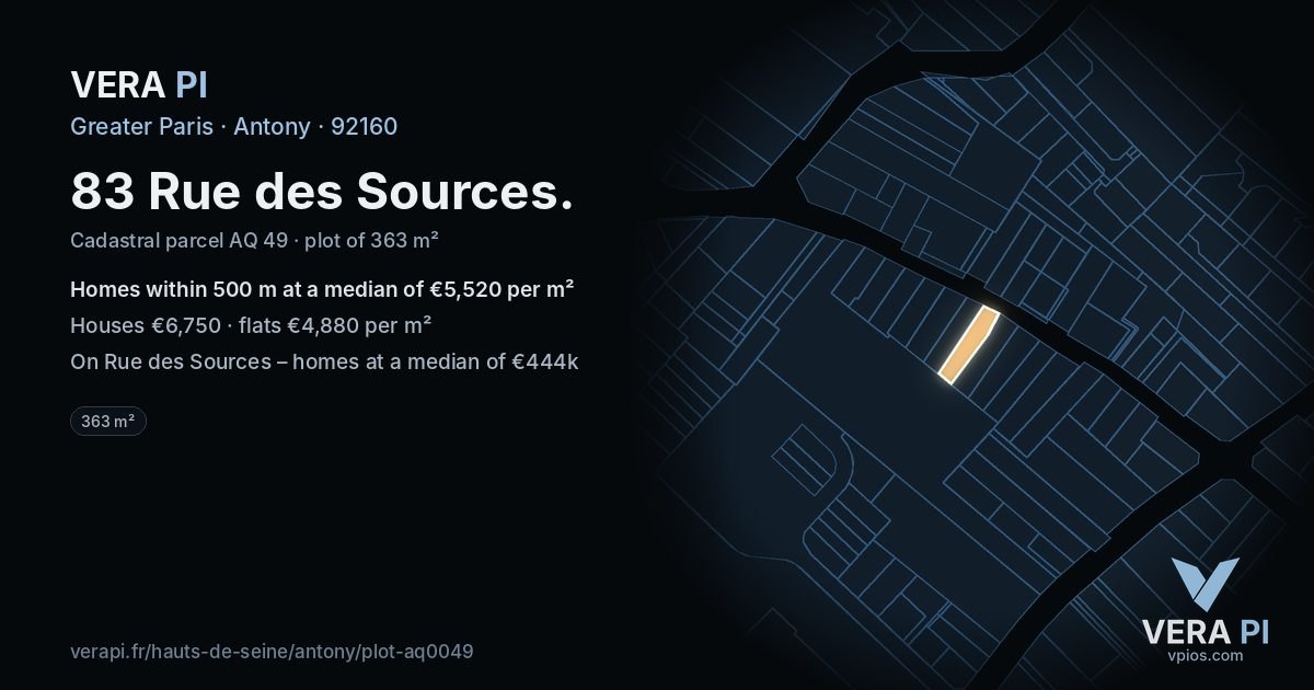 83 Rue des Sources, Antony at night – the plot lit, the parcels around coloured by the prices near them