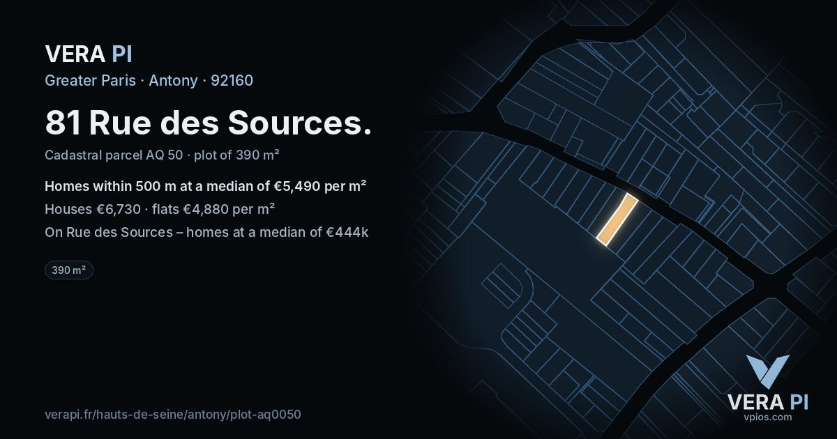 81 Rue des Sources, Antony at night – the plot lit, the parcels around coloured by the prices near them