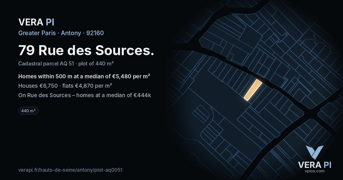 79 Rue des Sources, Antony at night – the plot lit, the parcels around coloured by the prices near them