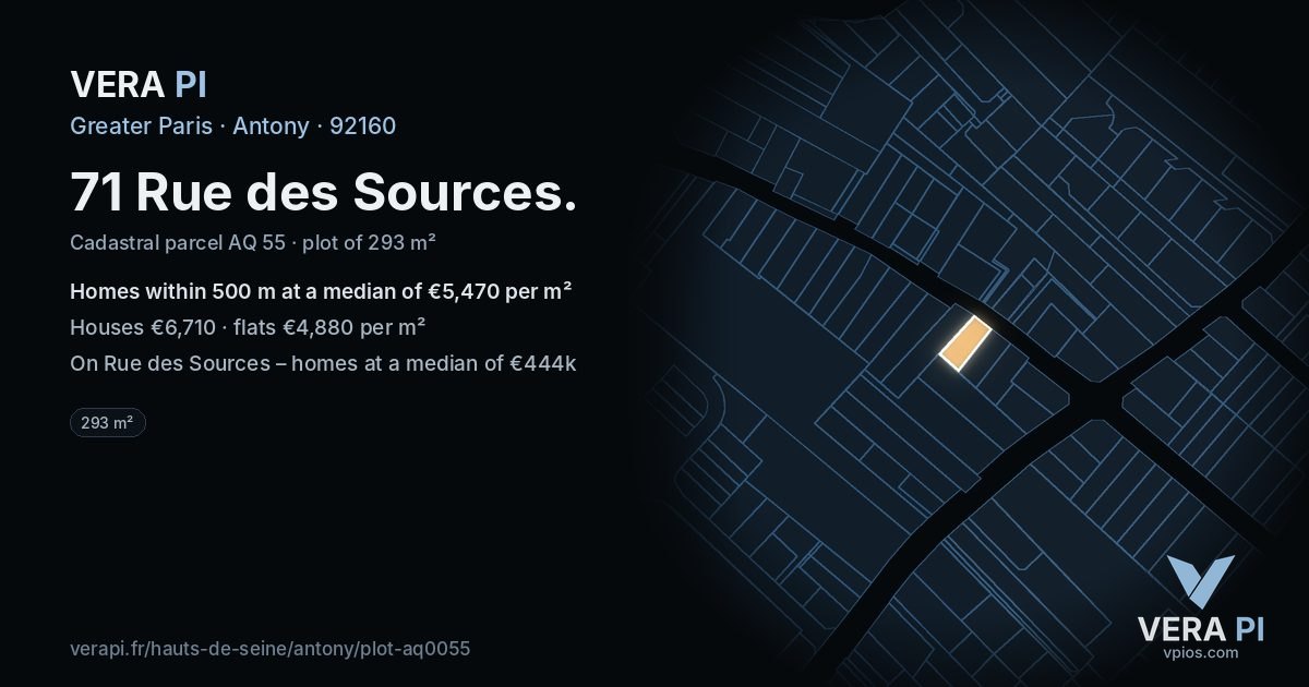 71 Rue des Sources, Antony at night – the plot lit, the parcels around coloured by the prices near them