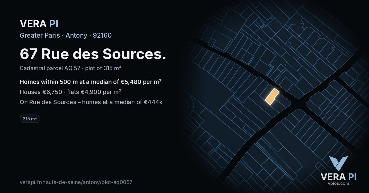 67 Rue des Sources, Antony at night – the plot lit, the parcels around coloured by the prices near them