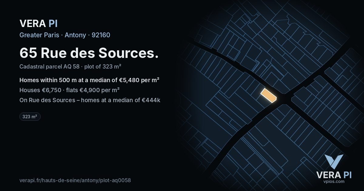 65 Rue des Sources, Antony at night – the plot lit, the parcels around coloured by the prices near them