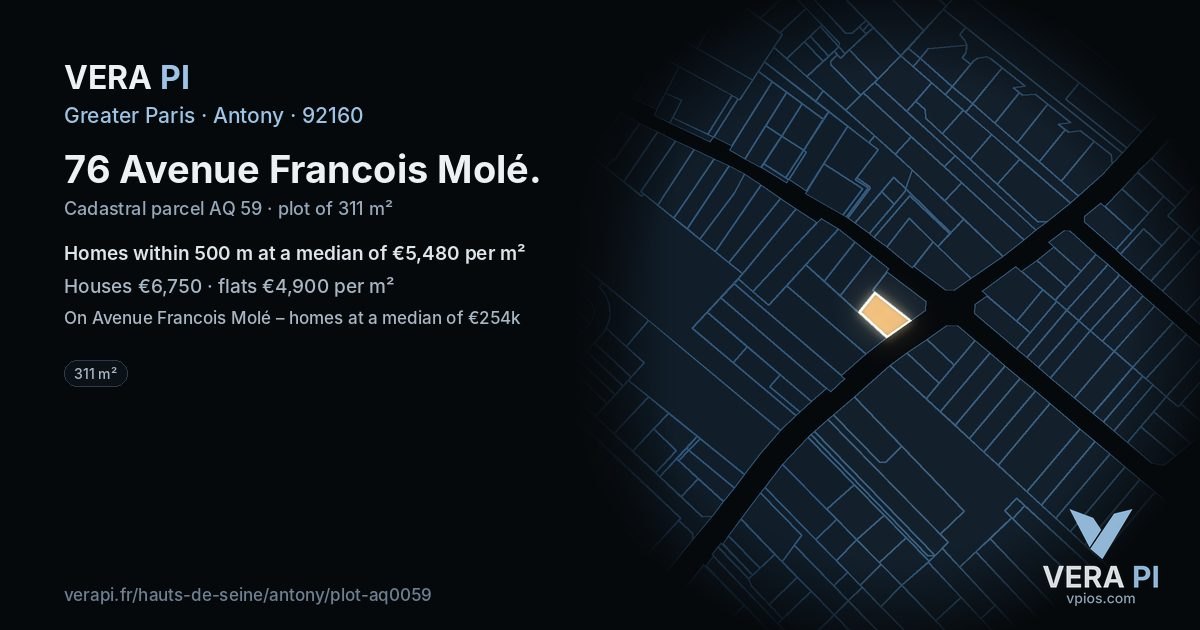 76 Avenue Francois Molé, Antony at night – the plot lit, the parcels around coloured by the prices near them