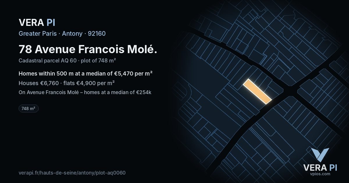 78 Avenue Francois Molé, Antony at night – the plot lit, the parcels around coloured by the prices near them