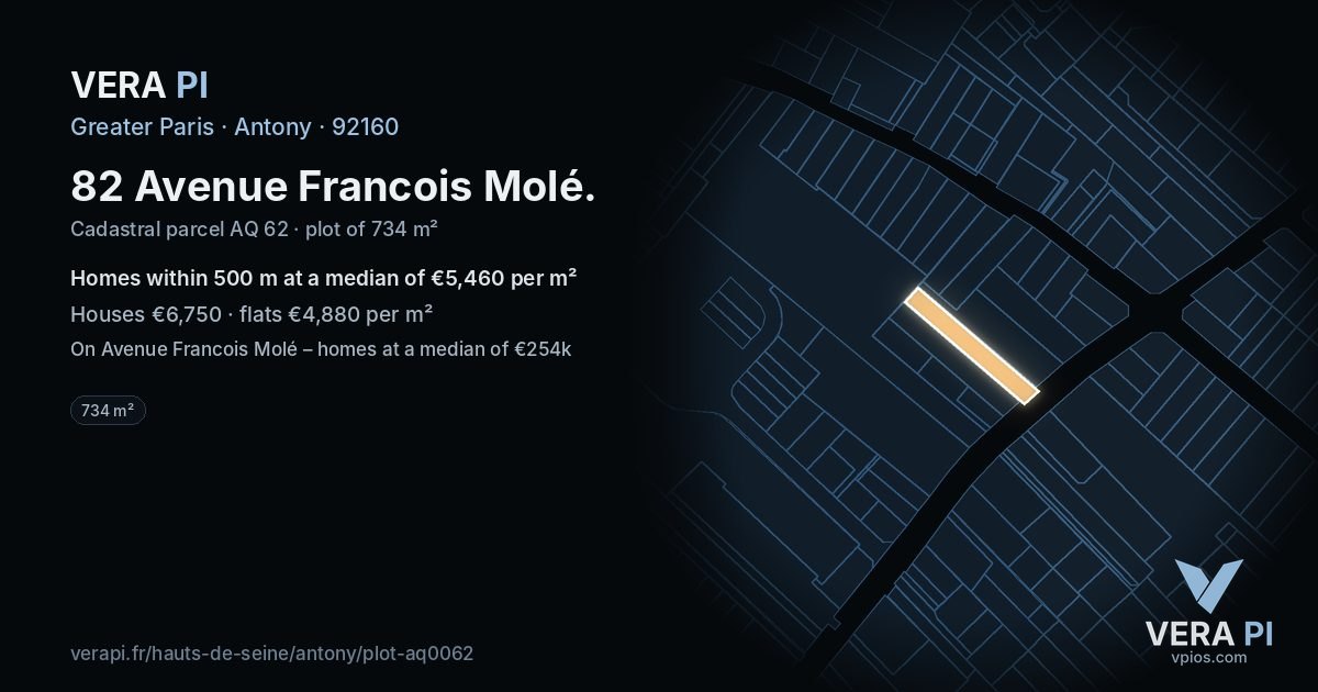 82 Avenue Francois Molé, Antony at night – the plot lit, the parcels around coloured by the prices near them