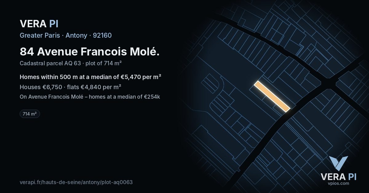 84 Avenue Francois Molé, Antony at night – the plot lit, the parcels around coloured by the prices near them