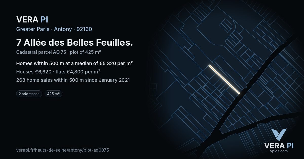 7 Allée des Belles Feuilles, Antony at night – the plot lit, the parcels around coloured by the prices near them