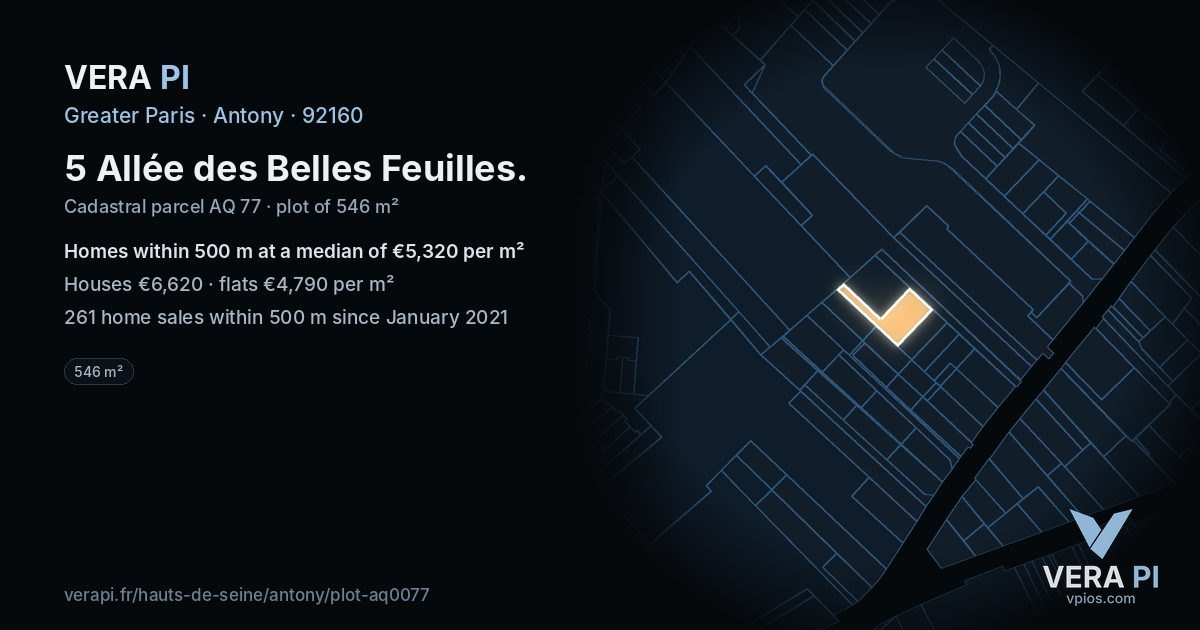 5 Allée des Belles Feuilles, Antony at night – the plot lit, the parcels around coloured by the prices near them