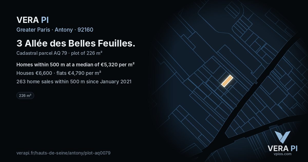 3 Allée des Belles Feuilles, Antony at night – the plot lit, the parcels around coloured by the prices near them