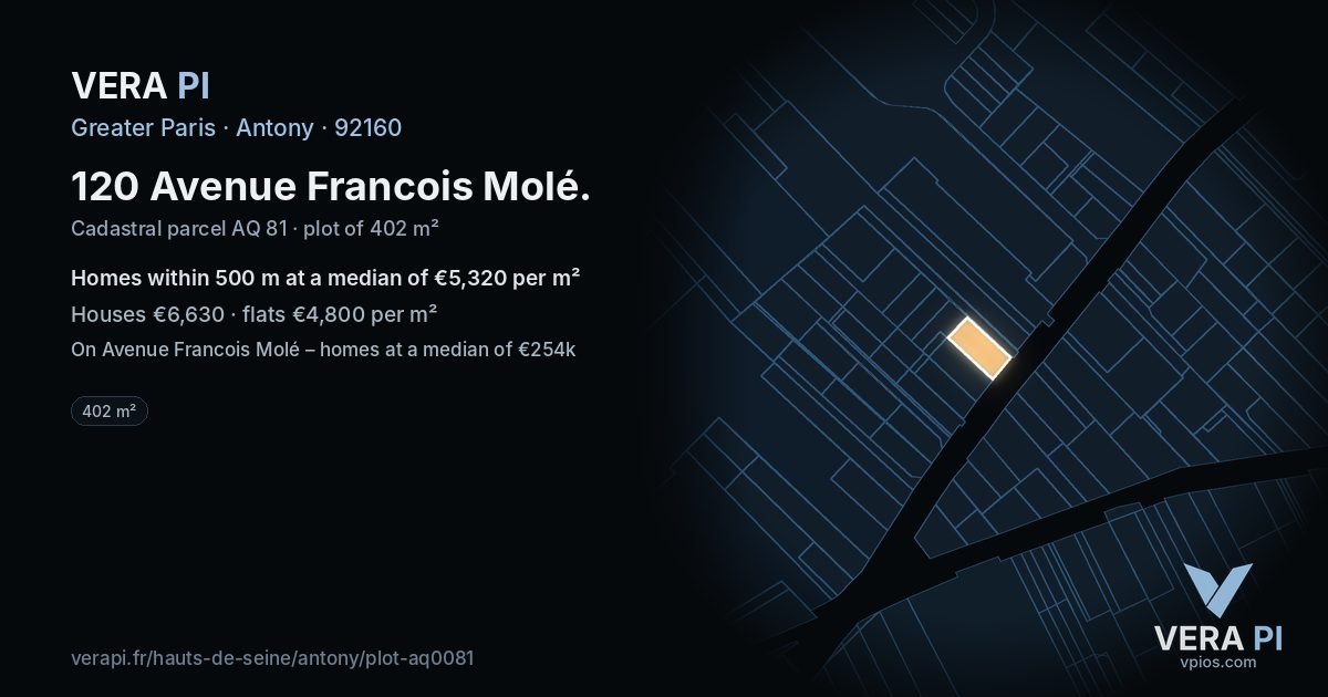 120 Avenue Francois Molé, Antony at night – the plot lit, the parcels around coloured by the prices near them