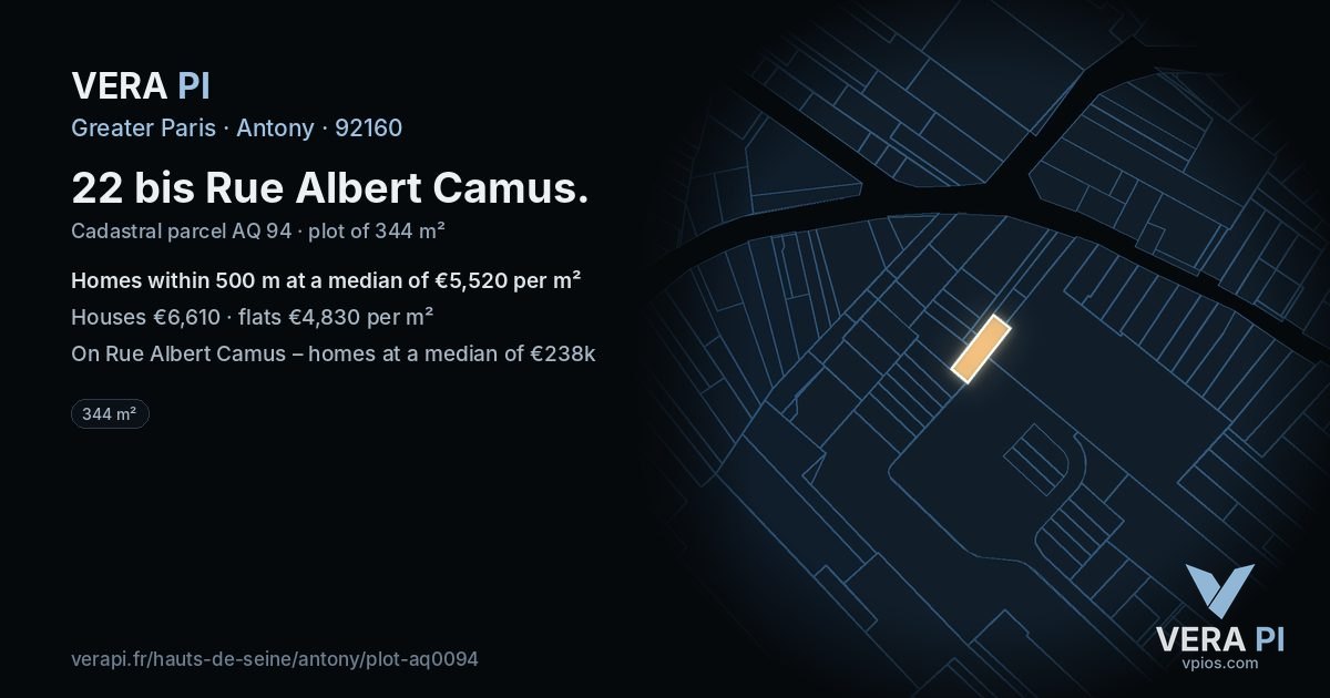 22 bis Rue Albert Camus, Antony at night – the plot lit, the parcels around coloured by the prices near them
