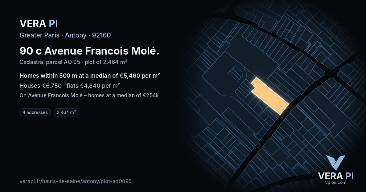 90 c Avenue Francois Molé, Antony at night – the plot lit, the parcels around coloured by the prices near them