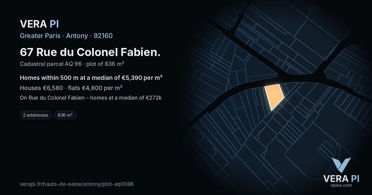67 Rue du Colonel Fabien, Antony at night – the plot lit, the parcels around coloured by the prices near them