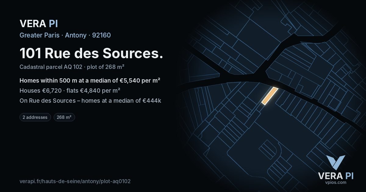 101 Rue des Sources, Antony at night – the plot lit, the parcels around coloured by the prices near them