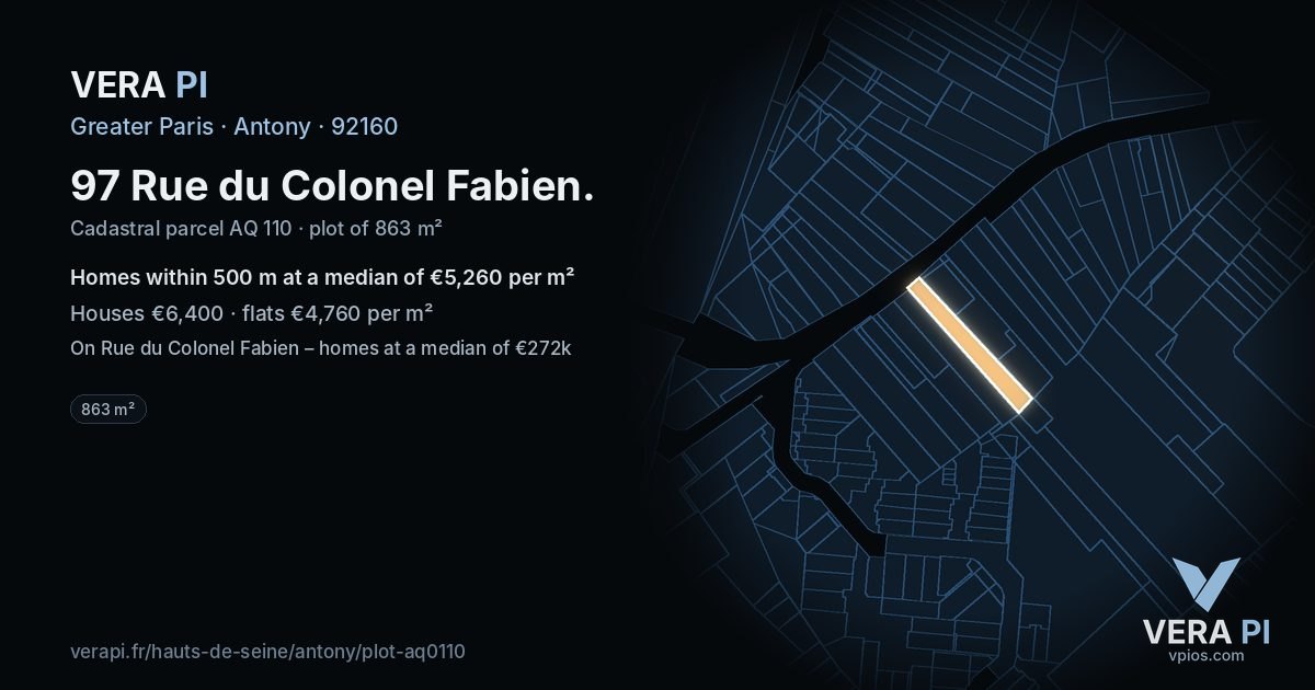 97 Rue du Colonel Fabien, Antony at night – the plot lit, the parcels around coloured by the prices near them