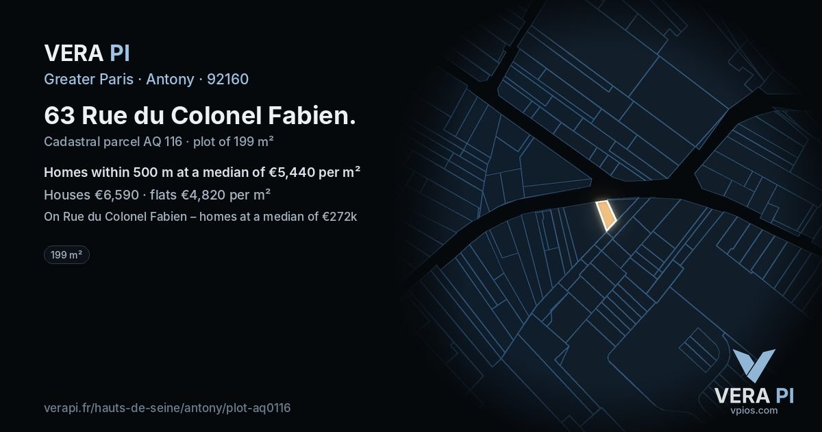 63 Rue du Colonel Fabien, Antony at night – the plot lit, the parcels around coloured by the prices near them