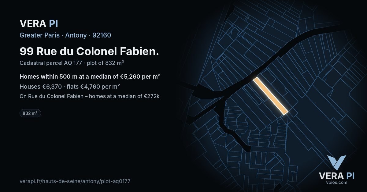 99 Rue du Colonel Fabien, Antony at night – the plot lit, the parcels around coloured by the prices near them
