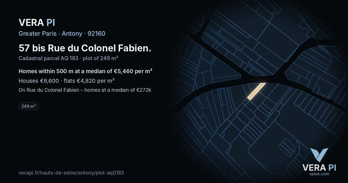 57 bis Rue du Colonel Fabien, Antony at night – the plot lit, the parcels around coloured by the prices near them