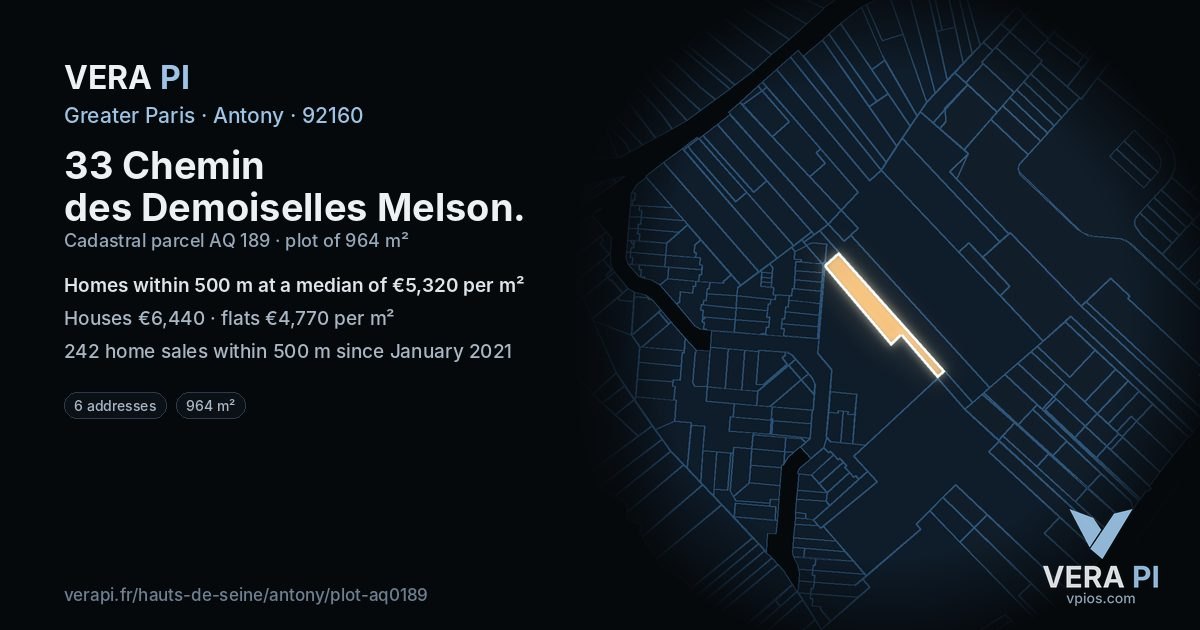 33 Chemin des Demoiselles Melson, Antony at night – the plot lit, the parcels around coloured by the prices near them