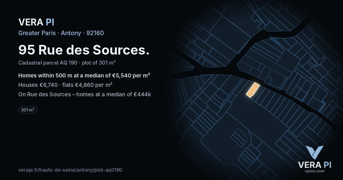 95 Rue des Sources, Antony at night – the plot lit, the parcels around coloured by the prices near them