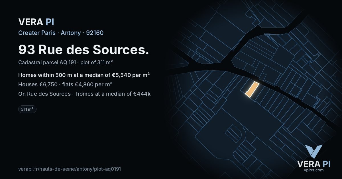 93 Rue des Sources, Antony at night – the plot lit, the parcels around coloured by the prices near them
