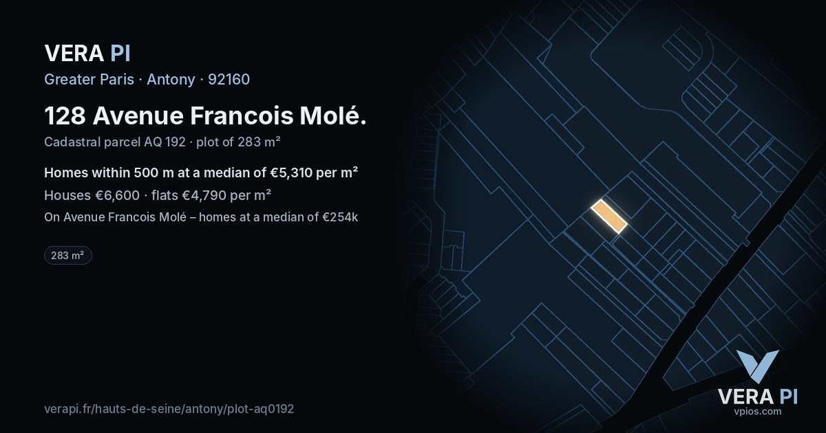128 Avenue Francois Molé, Antony at night – the plot lit, the parcels around coloured by the prices near them
