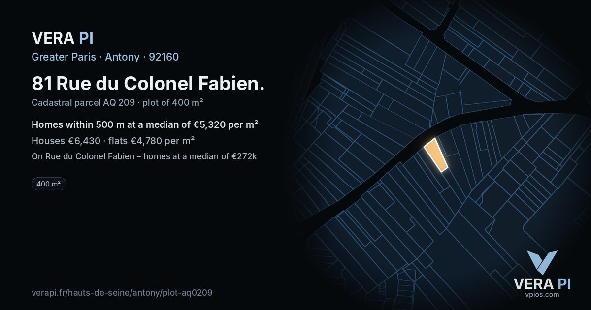 81 Rue du Colonel Fabien, Antony at night – the plot lit, the parcels around coloured by the prices near them