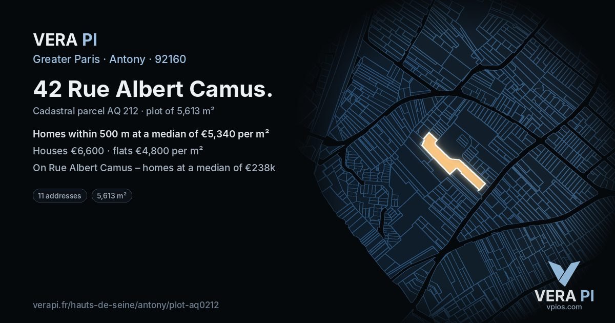 42 Rue Albert Camus, Antony at night – the plot lit, the parcels around coloured by the prices near them