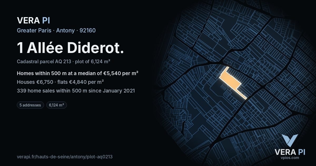 1 Allée Diderot, Antony at night – the plot lit, the parcels around coloured by the prices near them